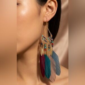 Boho Feather Statement Earrings – Colorful Beads & Gold-Tone Details NEW